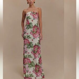 Meshki Ella Strapless Chiffon Maxi Dress - Rose Print.